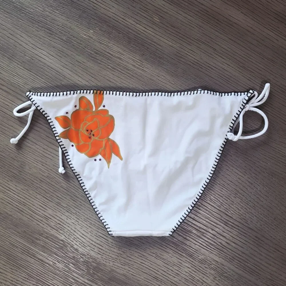 New Vintage Victoria's Secret String Bikini Bottom White Large Rose Rhinestones - Picture 2 of 10